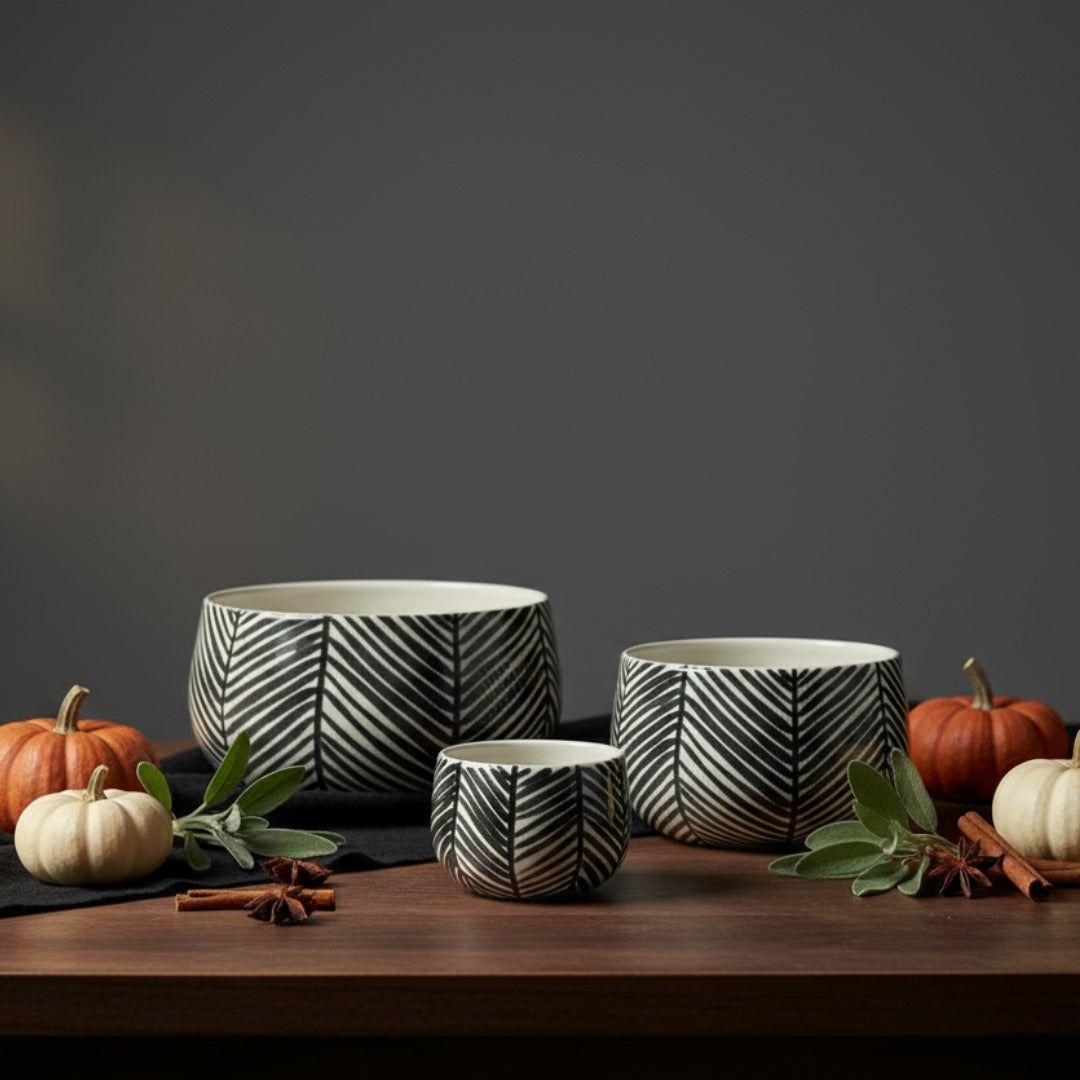Black & White Ceramic Serving Bowl Set of 3