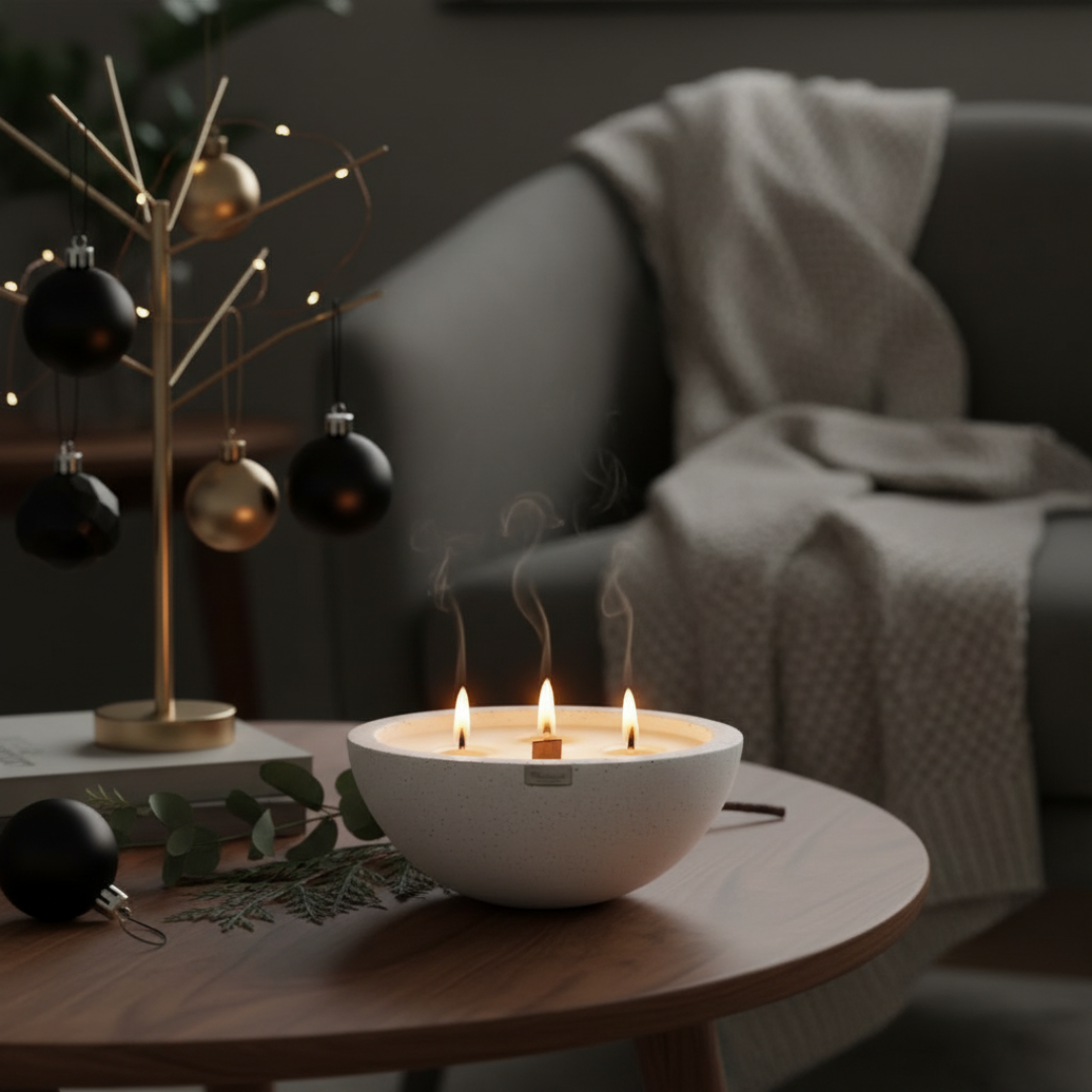 Candle in a white bowl on a wooden table with a blurred background of a cozy living room.