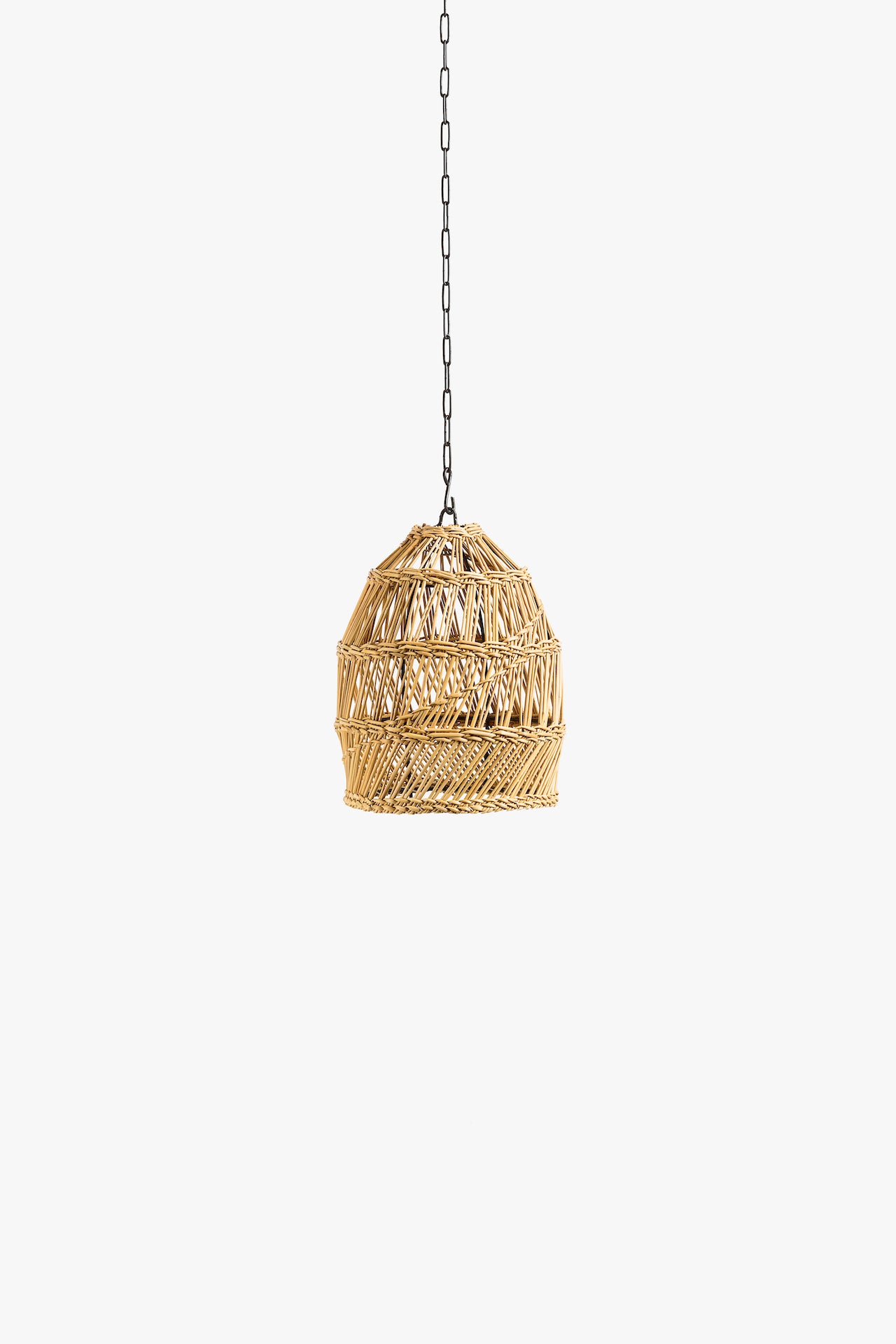 Woven pendant light with chain on a white background