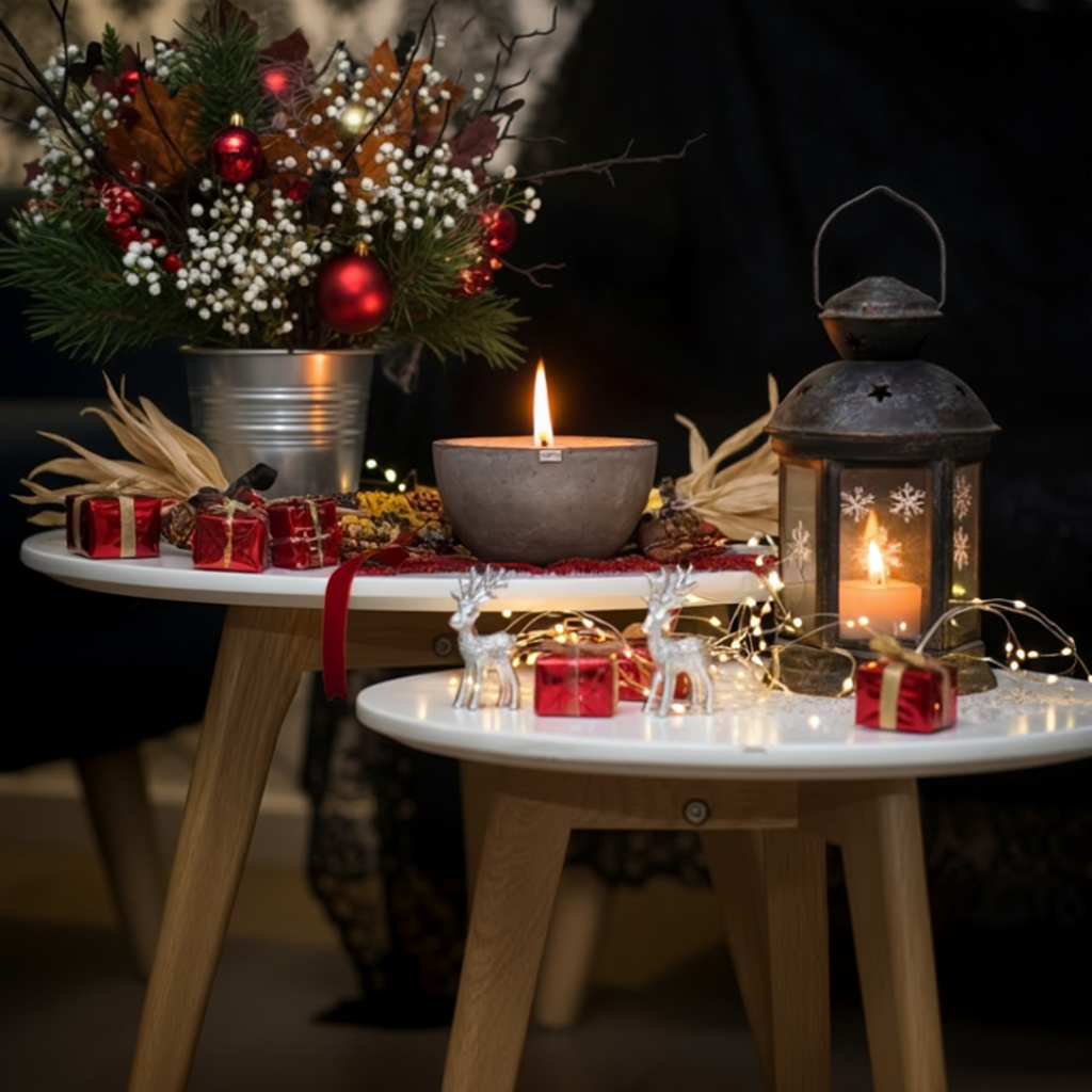 Decorative setup with candles, lanterns, and small gifts on a table against a dark background.
