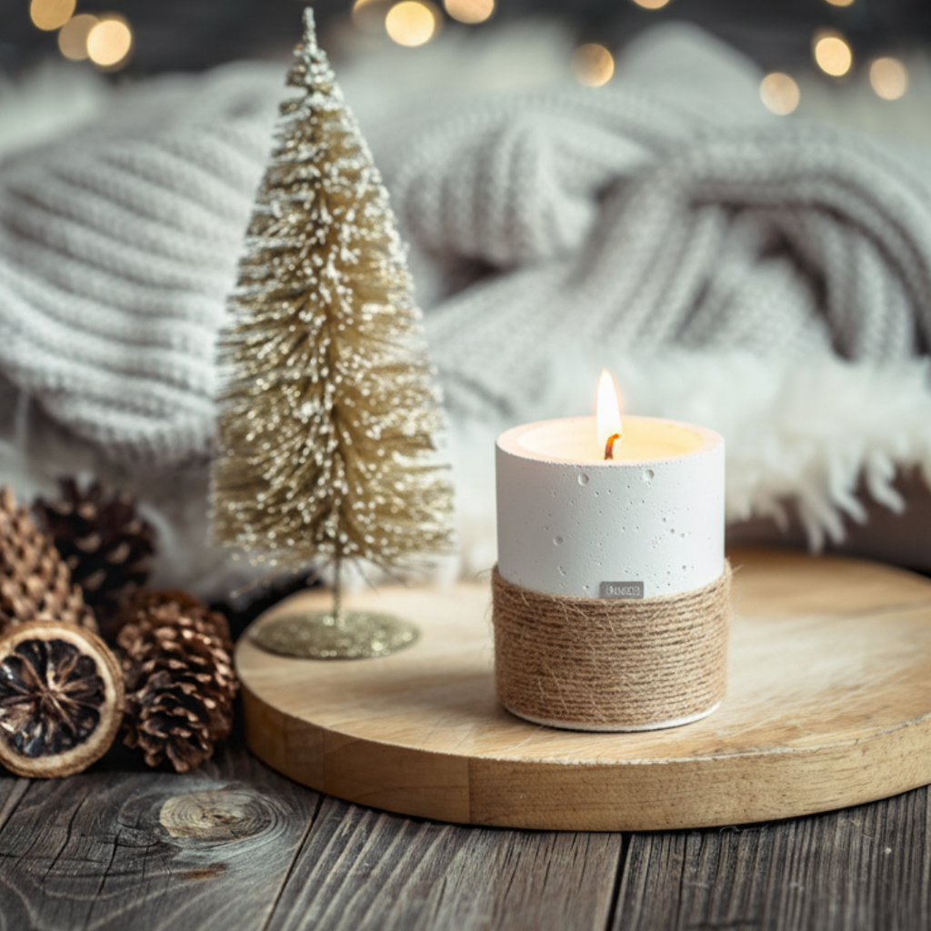 Candle in a textured holder with decorative tree and pinecones on a wooden surface.
