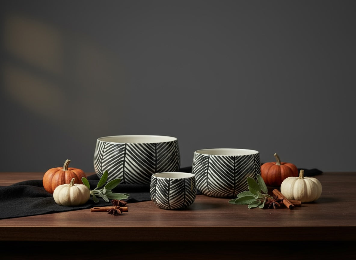 Black & White Ceramic Serving Bowl Set of 3
